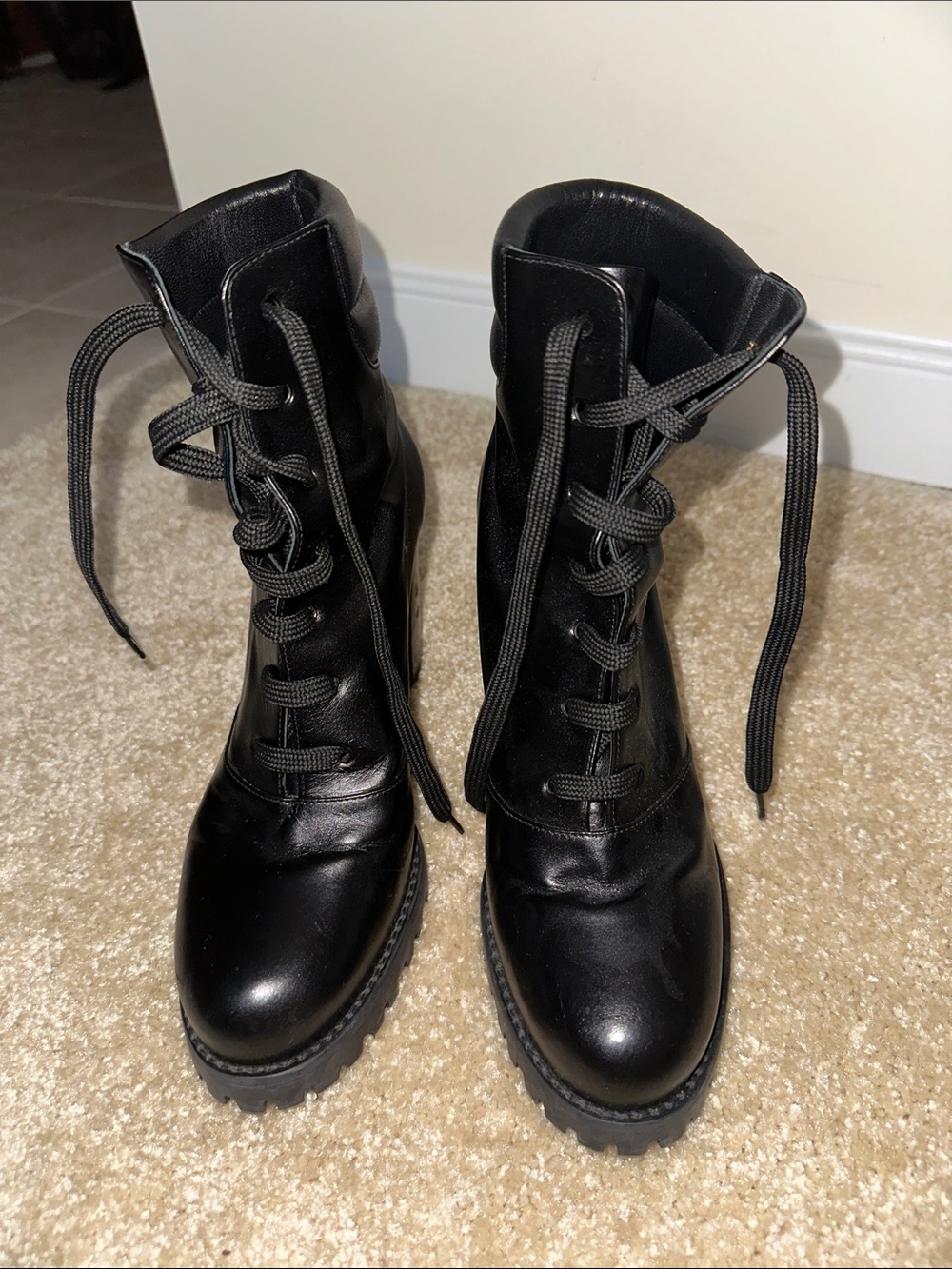 Stuart Weitzman Black Lace-Up Combat Boots